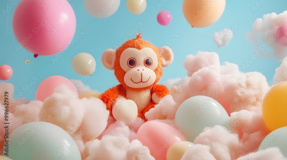 Wool felt Monkey King plush surrounded by floating colorful balloons and cotton candy clouds Wool felt Monkey King plush surrounded by floating colorful balloons and cotton candy clouds