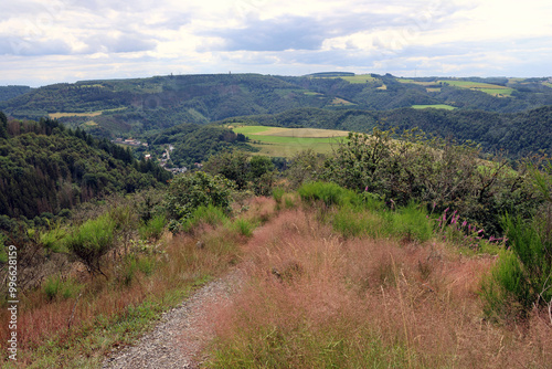 Blick ins hügelige Tal des Fluss Our an der deutsch-luxemburgischen Grenze in der Eifel in der Nähe von Bivels in Luxemburg. Aussicht vom Premium-Wanderweg Nat'Our Route 5. photo