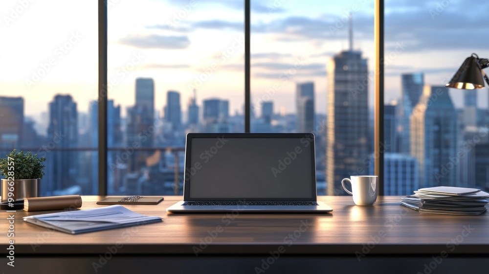 A laptop computer sits on a wooden desk with a coffee mug, a plant, and a stack of papers. The desk is in front of a large window with a view of a city skyline. A laptop computer sits on a wooden desk with a coffee mug, a plant, and a stack of papers. The desk is in front of a large window with a view of a city skyline.