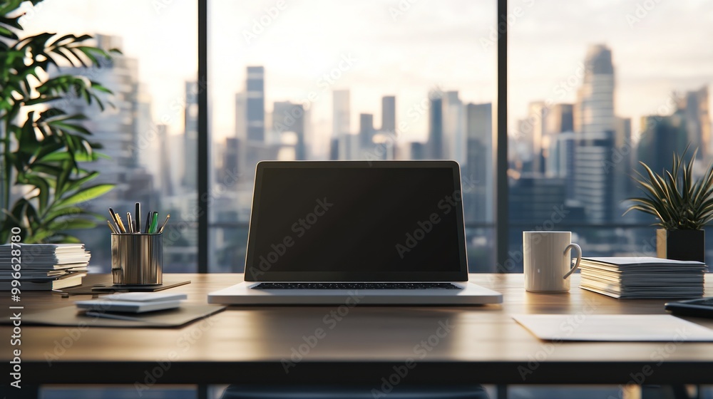 Minimalistic workspace with laptop, mug, and plants in front of a city skyline. Minimalistic workspace with laptop, mug, and plants in front of a city skyline.