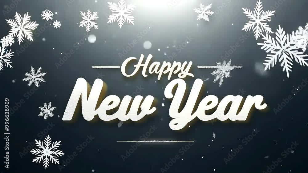 Phrase Happy New Year in embossed white style, set against a dark homogeneous background with soft snowflakes gently falling, creating a serene and festive ambiance Phrase Happy New Year in embossed white style, set against a dark homogeneous background with soft snowflakes gently falling, creating a serene and festive ambiance