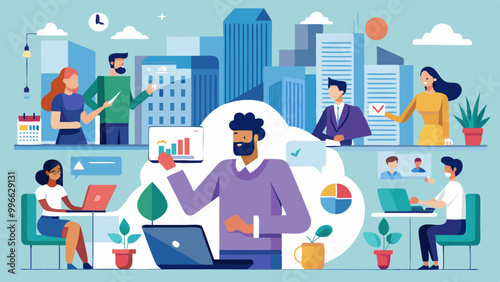 Business Professionals in Diverse Work Environments: Line Art of Office, Co-Working, and Home Settings

