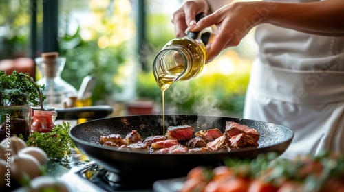 Manos vertiendo aceite sobre trozos de carne mientras se cocinan en una sartén caliente. Un paso clave en la preparación de un plato jugoso y lleno de sabor. photo