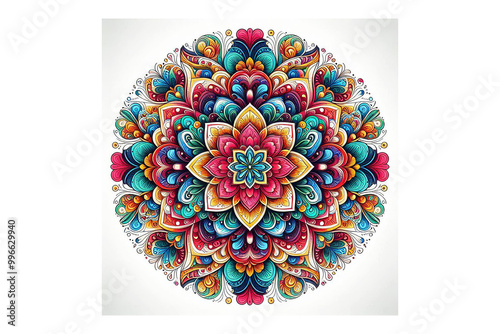 Colorful Floral Mandala design, white background.