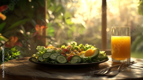 Sencilla ensalada verde con pepino, aguacate y jugo de naranja. Ideal para empezar el día con una comida nutritiva y llena de energía. photo