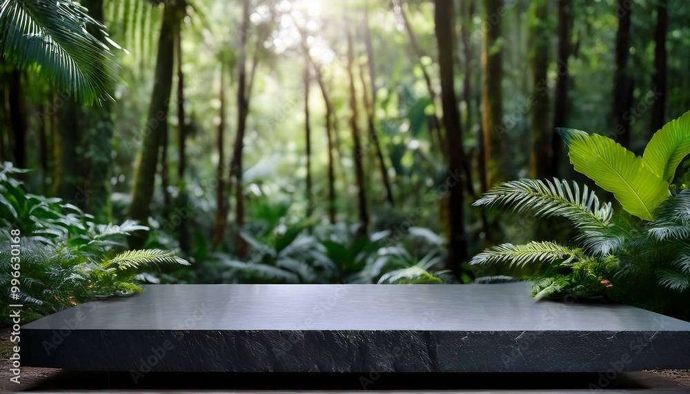 Black countertop in forest jungle for product. Empty concrete countertop outdoor. Stone podium for beauty presentation. tropical island with trees Black countertop in forest jungle for product. Empty concrete countertop outdoor. Stone podium for beauty presentation. tropical island with trees
