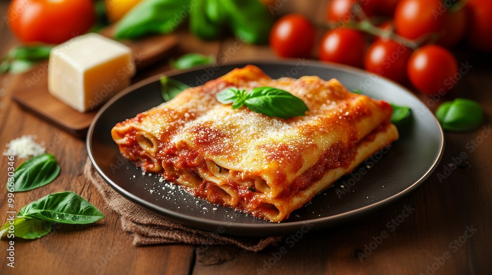 Lasagna casera con salsa de tomate, queso gratinado y hojas frescas de albahaca, presentada en un plato negro sobre una mesa rústica. Lasagna casera con salsa de tomate, queso gratinado y hojas frescas de albahaca, presentada en un plato negro sobre una mesa rústica.