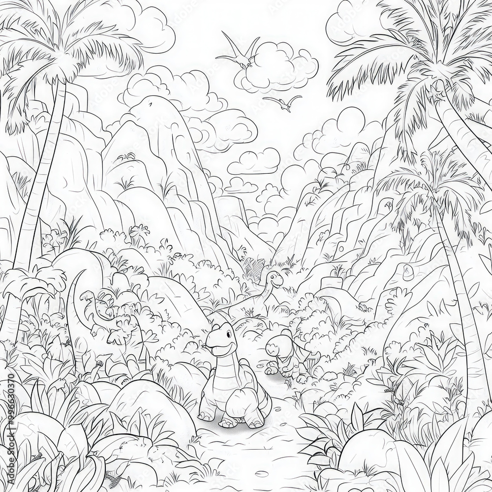 Obraz premium A prehistoric scene with a herd of dinosaurs, coloring page for kids, simple outline illustration. Coloring book, simple lines.