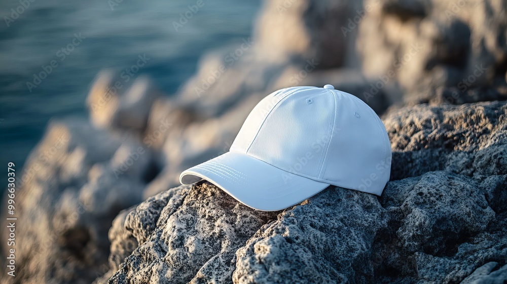 Baseball Cap Mockup on the Rocks of Beach, Natural Adventure Concept Baseball Cap Mockup on the Rocks of Beach, Natural Adventure Concept