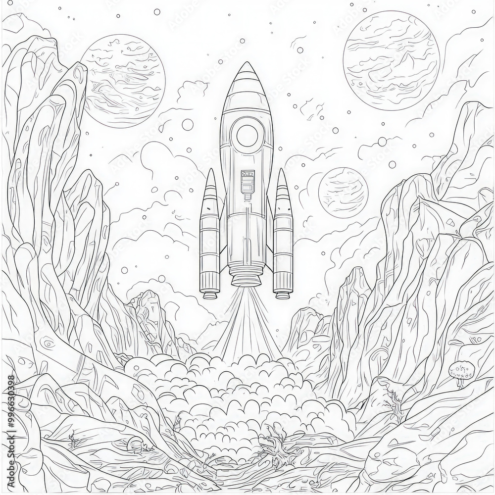 A rocket landing on an alien planet, coloring page for kids, simple outline illustration. Coloring book, simple lines. A rocket landing on an alien planet, coloring page for kids, simple outline illustration. Coloring book, simple lines.