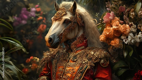 White Horse in Golden Armor with Floral Background photo