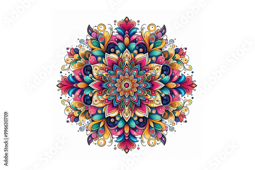 Colorful Floral Mandala design, white background.