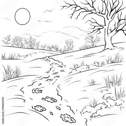 A snow-covered landscape with animal tracks, coloring page for kids, simple outline illustration. Coloring book, simple lines. photo