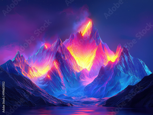 A stunning 3D rendered scene of glowing mountain peaks illuminated by vibrant colors, showcasing surreal landscape that captivates viewers imagination. interplay of light and shadow creates mesmerizin photo