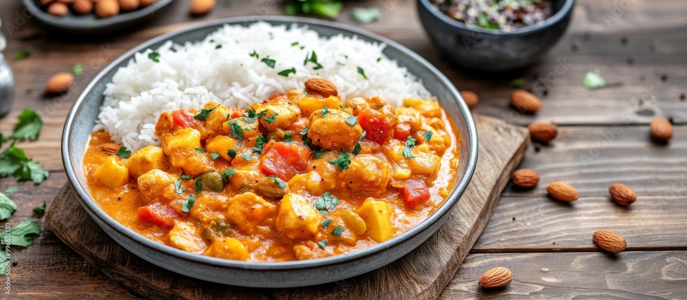 Plato de curry cremoso con pollo y verduras servido con arroz blanco, decorado con hierbas frescas. La combinación de colores vibrantes resalta los ingredientes frescos.