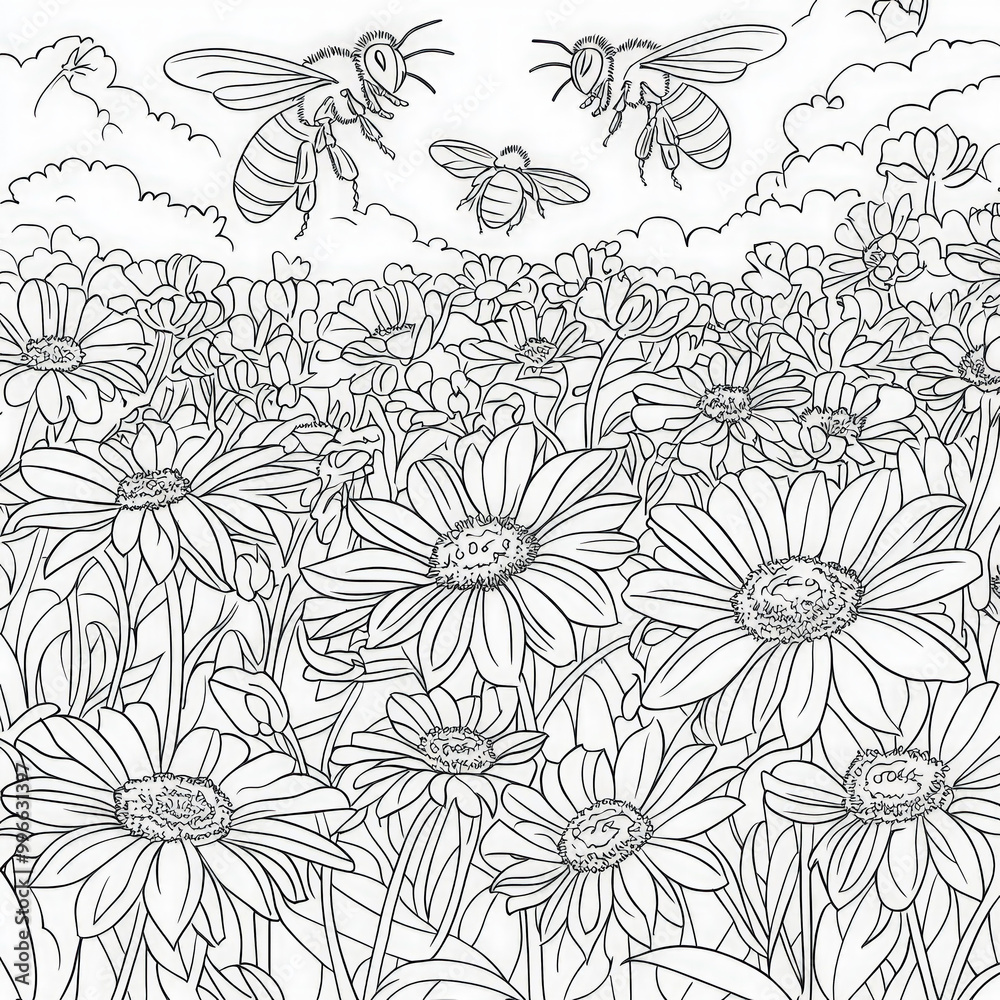A vibrant flower field with bees buzzing, coloring page for kids, simple outline illustration. Coloring book, simple lines. A vibrant flower field with bees buzzing, coloring page for kids, simple outline illustration. Coloring book, simple lines.