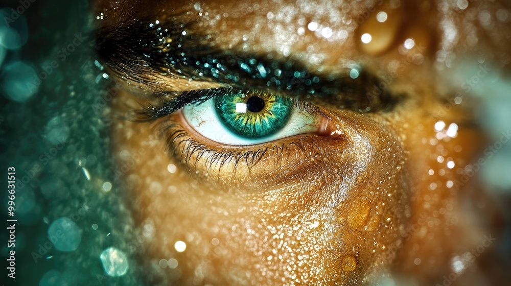 Close-up of a stunning eye with vibrant colors and droplets, showcasing deep emotion and captivating beauty in a unique portrait.