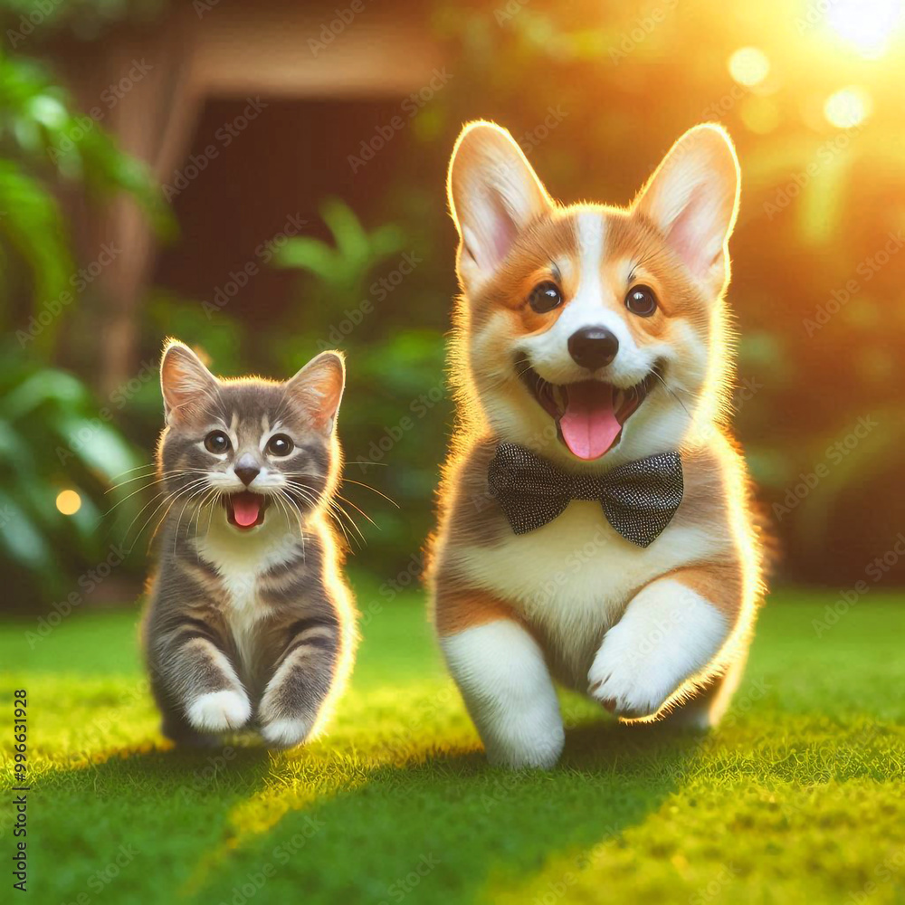 A dog and a cat are running on a grassy field with trees in the background A dog and a cat are running on a grassy field with trees in the background