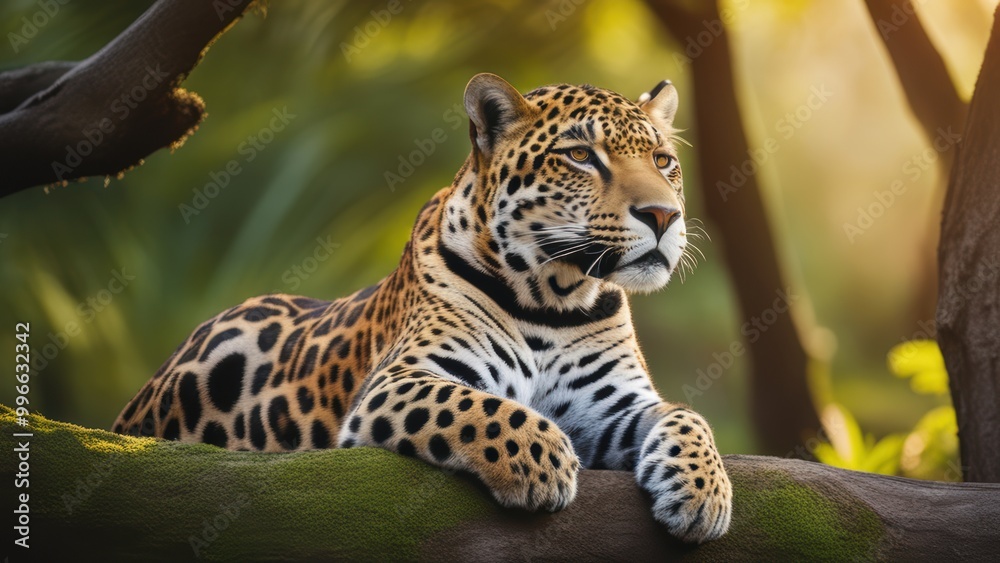 A leopard perched on a branch gazing curiously into the distance with sunlight casting dappled shadows around it. A leopard perched on a branch gazing curiously into the distance with sunlight casting dappled shadows around it.