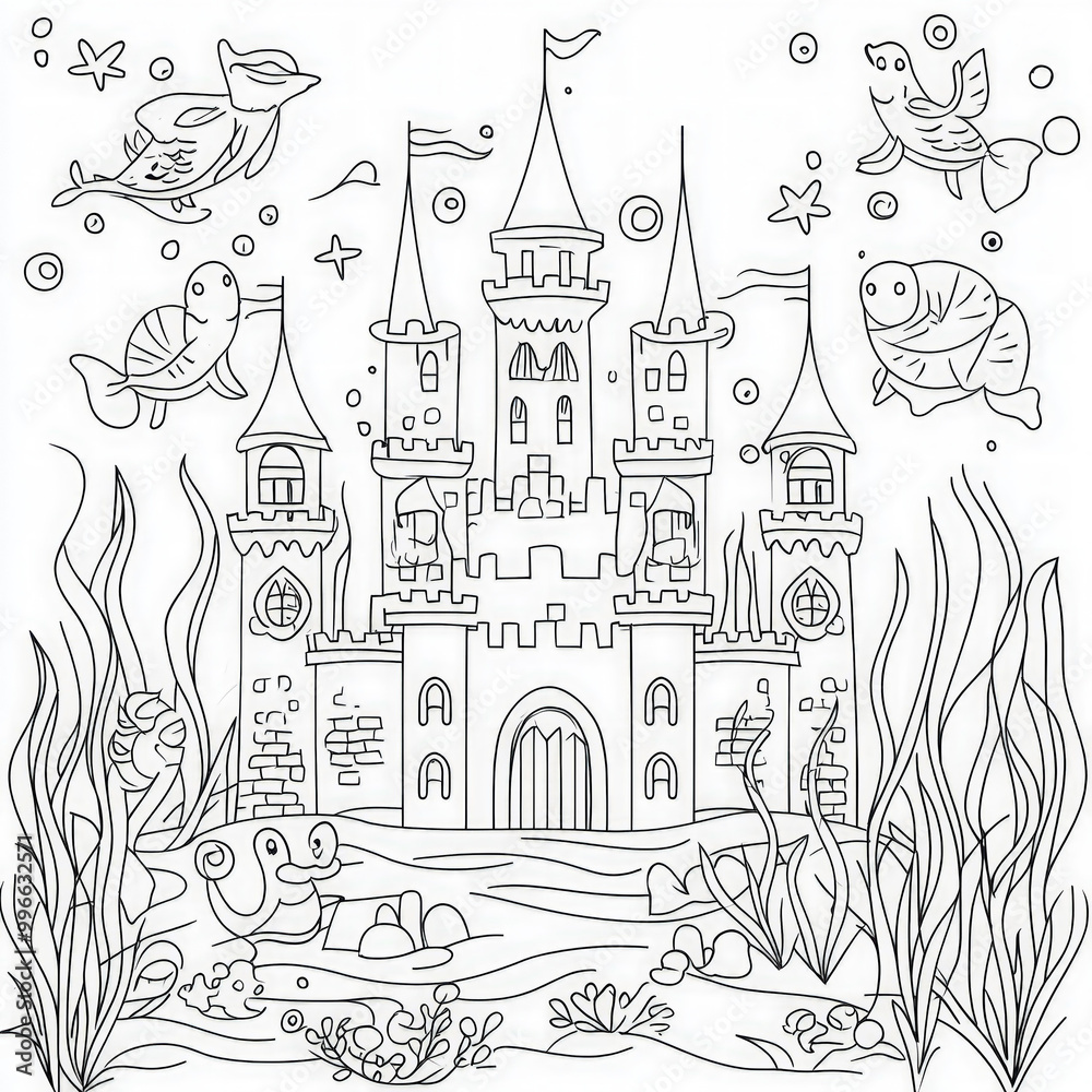 An underwater castle guarded by friendly sea creatures, coloring page for kids, simple outline illustration. Coloring book, simple lines.