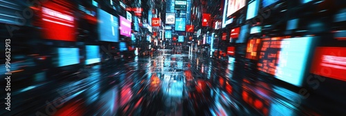 Futuristic cityscape, neon lights, digital billboards, reflective streets, cyberpunk atmosphere, motion blur, red and blue color scheme, abstract urban landscape, data visualization, high-tech environ