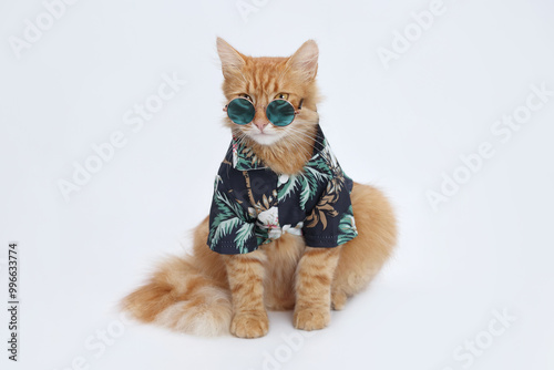 Ginger cat in Hawaiian shirt and blue sunglasses isolated on white background. Portrait of red cat. Cute animal portrait for trendy themes. Travel with pet. Vacation Summer and new year travel concept