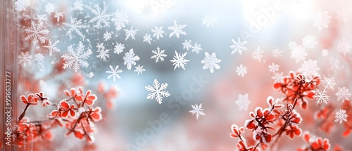 Winter Scene with Snowflakes and Red Flowers