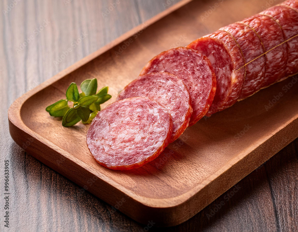 Salami on a wooden tray. fermented and air-dried meat. Salami on a wooden tray. fermented and air-dried meat.