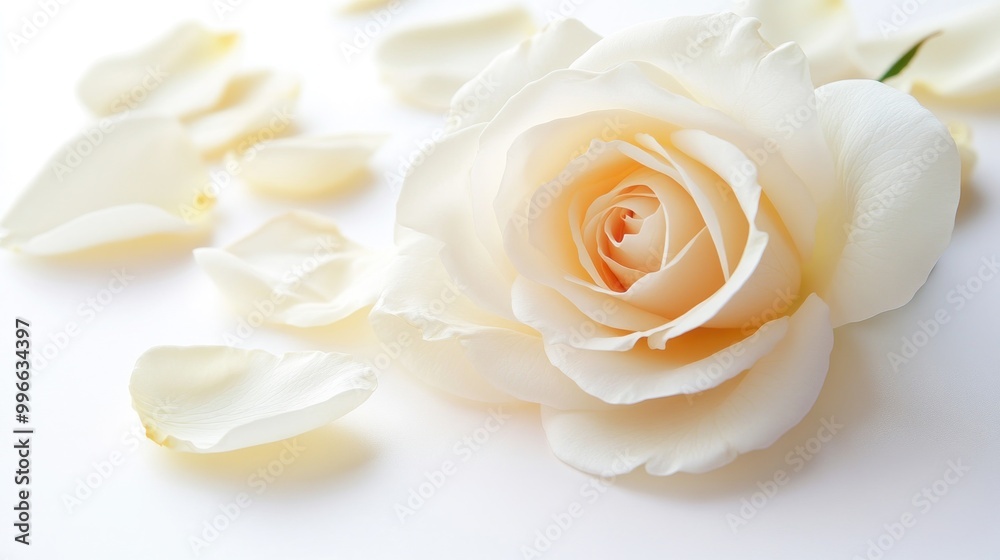 A single, delicate white rose with soft petals lies on a white background, surrounded by scattered petals. A single, delicate white rose with soft petals lies on a white background, surrounded by scattered petals.
