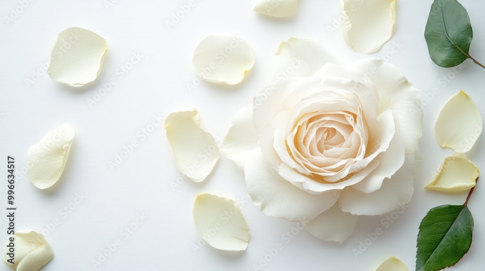 A single white rose with petals scattered around it on a white textured background. A single white rose with petals scattered around it on a white textured background.