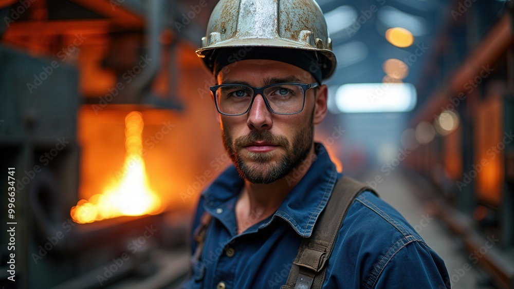 A focused industrial worker wearing protective gear stands amid fiery furnaces in a foundry, demonstrating determination and hard work in an environment emphasizing strength and resilience, metallic a A focused industrial worker wearing protective gear stands amid fiery furnaces in a foundry, demonstrating determination and hard work in an environment emphasizing strength and resilience, metallic a
