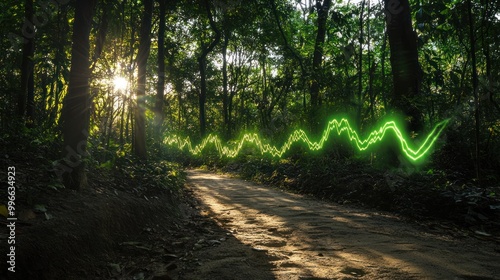 A serene forest path illuminated by sunlight, with a visual sound wave overlay.