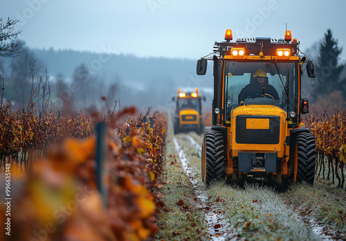 Robotically trimmed machine working in vineyards near Slaviclessness, cutting grape vines on a misty day photo