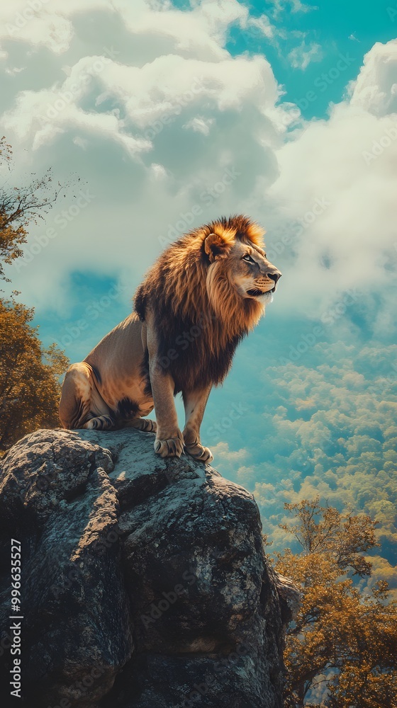 Obraz premium Isolated Lion on Top of Mountain Ridge, Photo Realistic, Pattern Background, Wallpaper, Cover and Screen for Smartphone, PC, Laptop, 9:16 and 16:9 Format