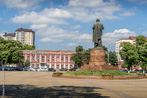 The statue of Vladimir Lenin, a Soviet communist leader, at city square of Maykop, Adygea republic of Russia.
 photo