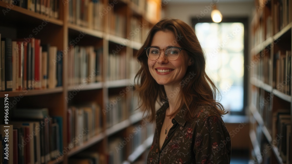A young woman stands in a library corridor, smiling and wearing glasses, deeply immersed in the world of literature, representing the joy and pursuit of knowledge and wisdom. A young woman stands in a library corridor, smiling and wearing glasses, deeply immersed in the world of literature, representing the joy and pursuit of knowledge and wisdom.