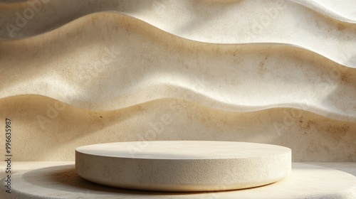 Minimalist product display podium with sandy texture and sunlight.