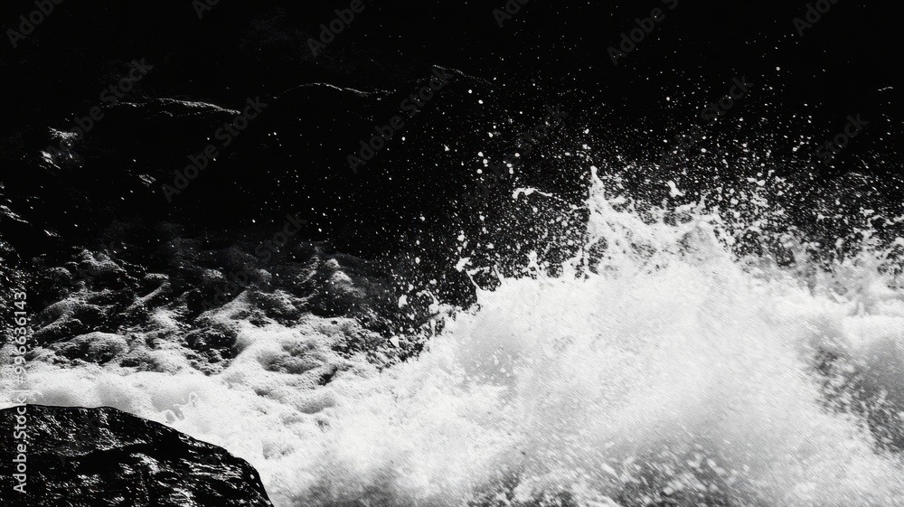 Dynamic wave splash against dark rocks, contrasting white water on black background. Dynamic wave splash against dark rocks, contrasting white water on black background.