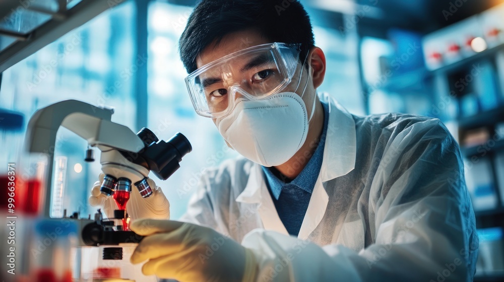 A scientist examines samples under a microscope in a laboratory setting.