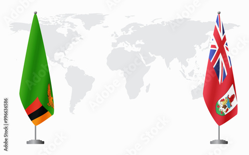 Zambia and Bermuda flags for official meeting against background of world map.