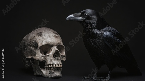 A black raven sits near a human skull against a dark background.