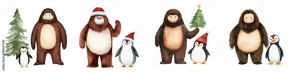 Fototapeta premium Cute cartoon animals celebrating Christmas with trees and ornaments.