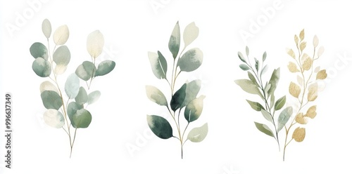 Illustration set with watercolors of green and gold leaf branches, for wedding stationary, greeting cards, wallpaper, fashion, backgrounds. Eucalyptus, olive, green leaves, etc.