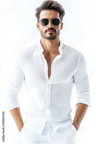 A man stock mockup in casual streetwear with white shirts on a transparent background