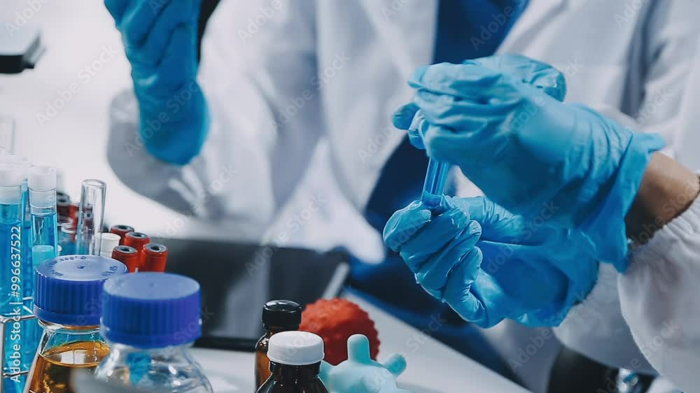a scientist is working in a laboratory, a chemical researcher is preparing sample for a vaccine against a virus, work in lab concentrate is the most important because chemicals are dangerous a scientist is working in a laboratory, a chemical researcher is preparing sample for a vaccine against a virus, work in lab concentrate is the most important because chemicals are dangerous