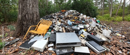 Eco-Crisis Abandoned Electronics Heap in Forest - Environmental Pollution Concept with Vivid Yellow Chair