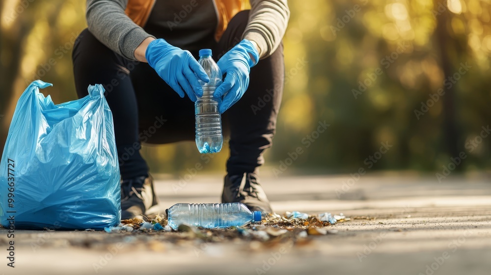 Environmental Responsibility Closeup of Hands in Blue Latex Gloves Recycling Plastic Bottle in Forest - Eco-Friendly Concept for Education and Promotion Environmental Responsibility Closeup of Hands in Blue Latex Gloves Recycling Plastic Bottle in Forest - Eco-Friendly Concept for Education and Promotion