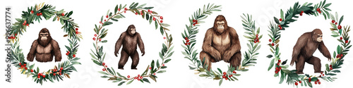 Four chimps surrounded by festive wreaths on a white isolated background. photo