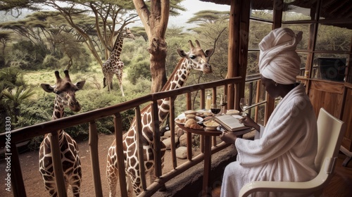 A girl sits on a balcony overlooking giraffes and drinks coffee

