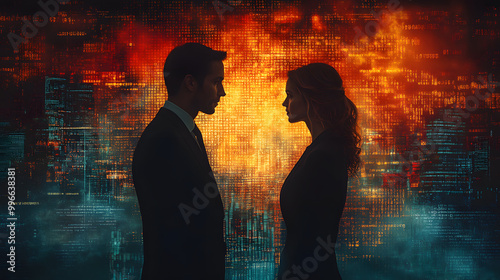 Silhouette of a Man and Woman in Business Attire Facing Each Other, Symbolizing Partnership and Professional Collaboration 